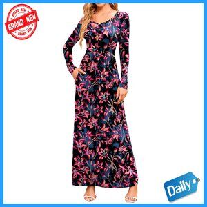 Long Sleeve Maxi Dress with Pockets, Empire Waist, Casual Fall Party Wear